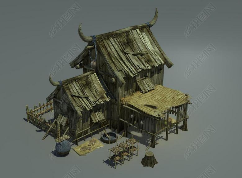 古代3D木头房子部落牛角木板房图片下载max