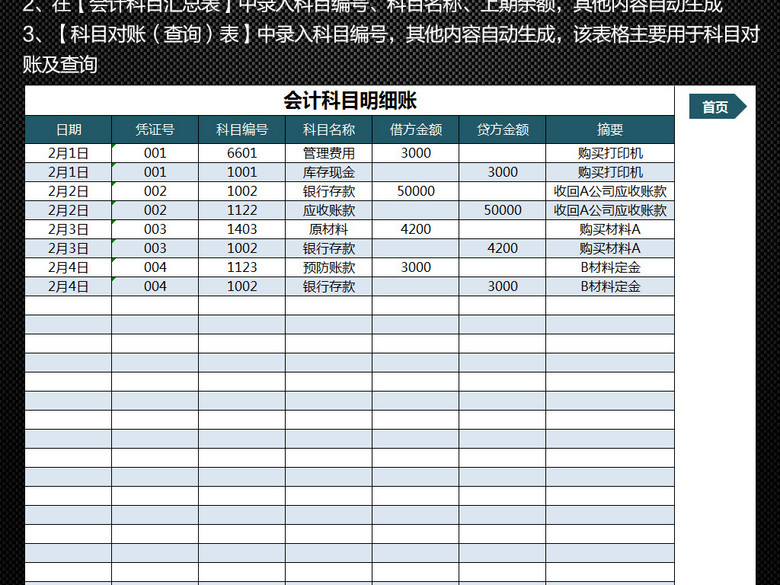 公司财务报表会计科目明细账管理表格模板(图