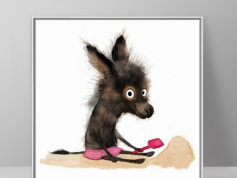 一只小毛驴铲沙子北欧手绘幽默现代装饰画(图