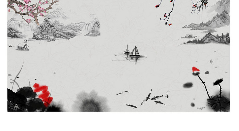 中式古典水墨山水荷花桃花背景墙(图片编号:1