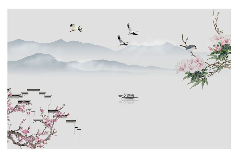 中式淡雅清新古典水墨山水背景墙