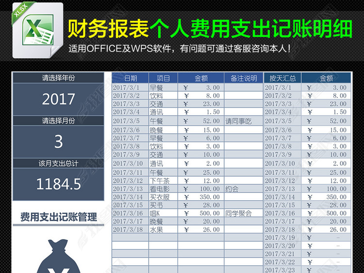 家庭个人财务管理费用支出记账明细表