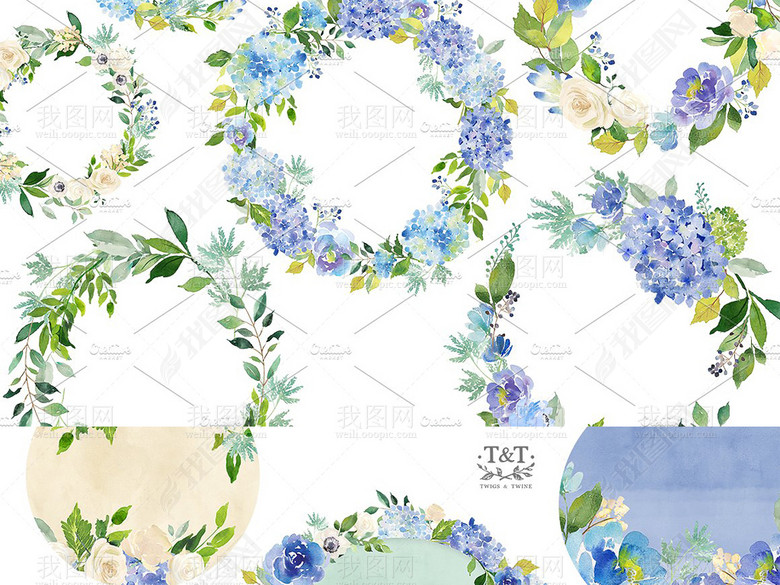 水彩画蓝色绣球花,绿叶,边框,花环等PNG免抠海
