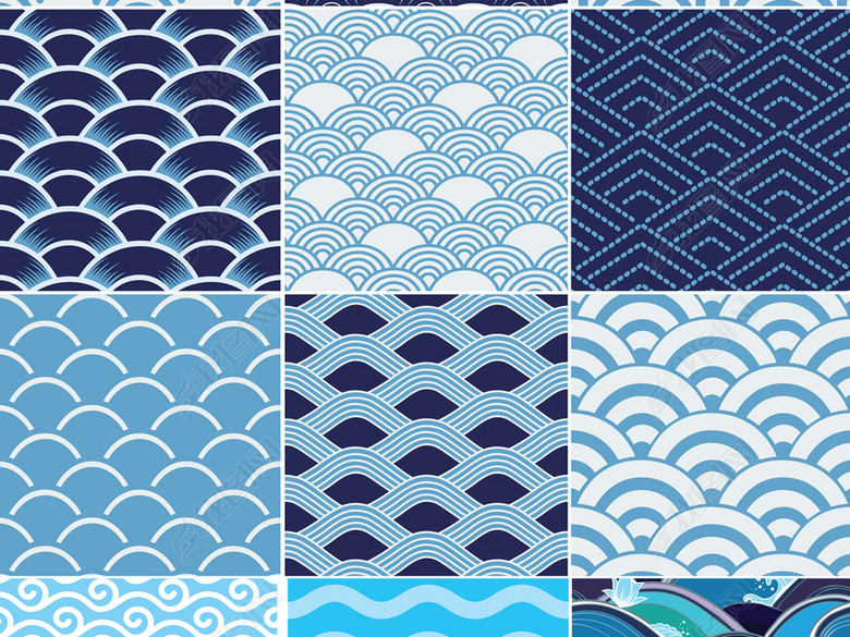 手绘蓝色海浪日本传统和风纹理平铺背景图案图片下载eps素材-其他-我图网