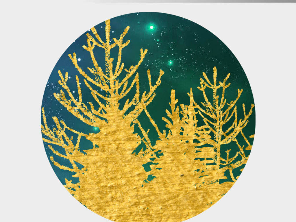 北欧现代简约抽象金色星空下森林鹿客厅挂画