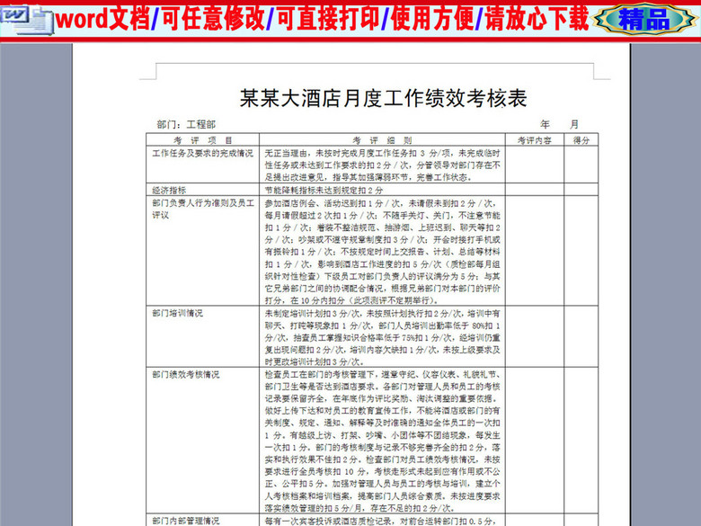 某大酒店月度工作绩效考核表(图片编号:16377