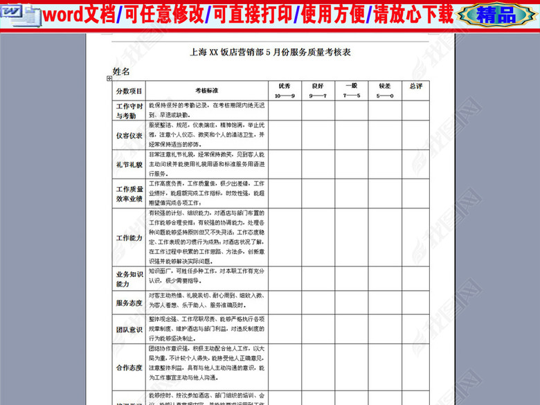 某饭店营销部服务质量考核表图片下载doc素材