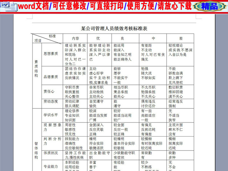 某公司管理人员绩效考核标准表(图片编号:163