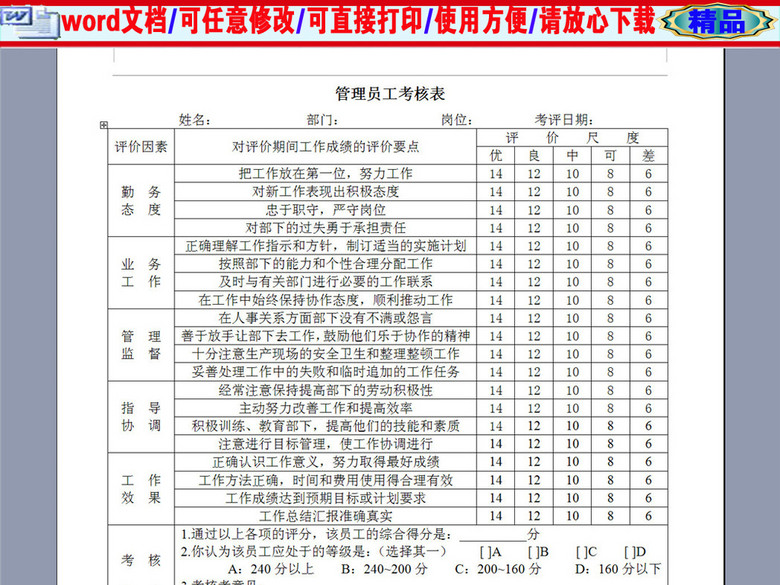 某公司管理员工考核表(图片编号:16377047)_绩效考核方案