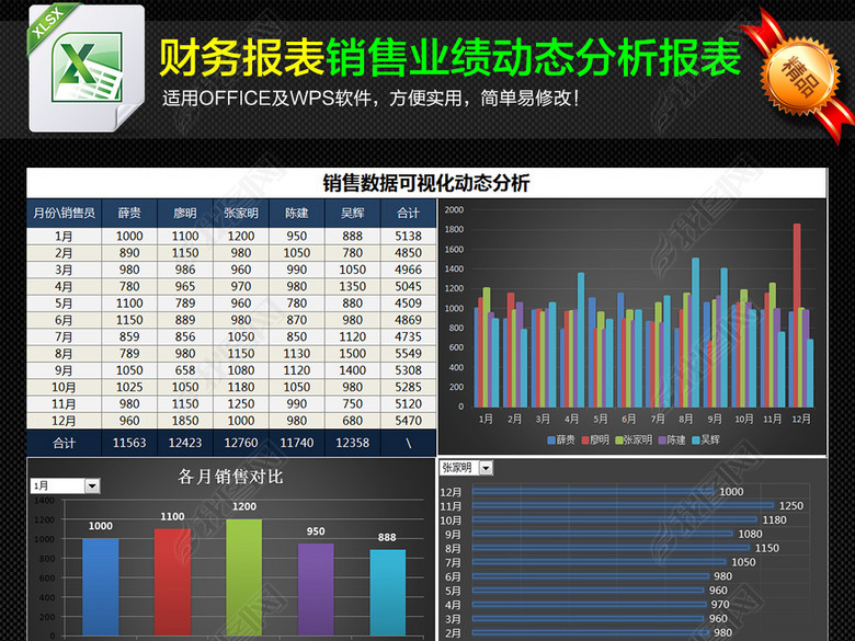 公司销售员销售业绩月报表动态分析图表图片下