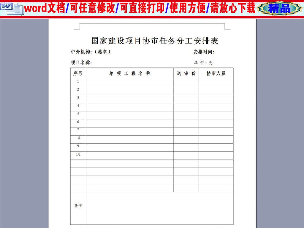 某工程项目协审任务分工安排表