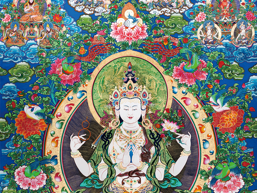 高清唐卡四臂观音菩萨像观世音佛像