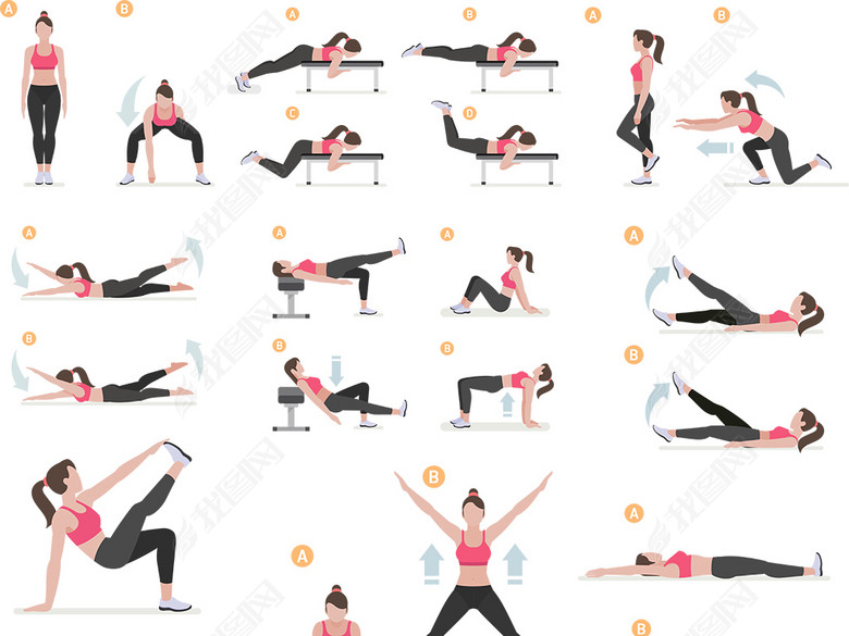 卡通女生瑜伽运动健身动作套图图片下载png素