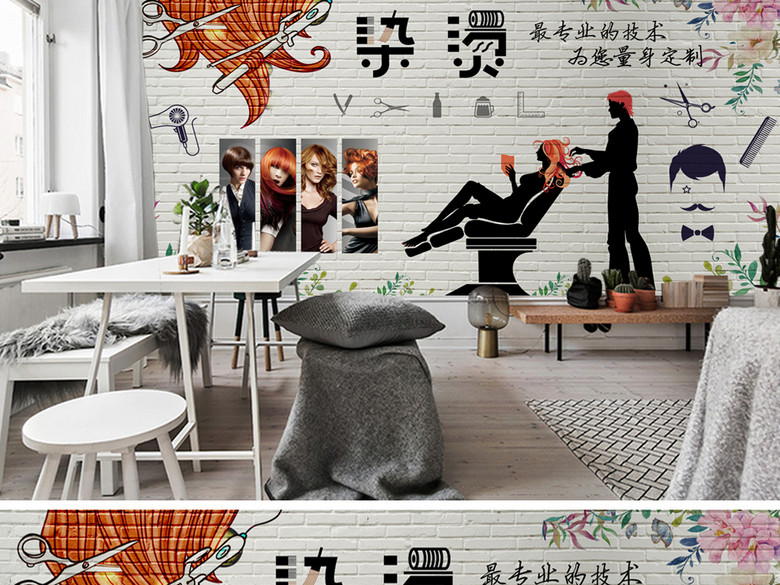 复古砖墙怀旧美女发型美发店背景墙(图片编号