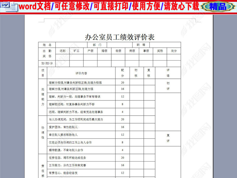 办公室员工绩效评价表图片下载doc素材-绩效考