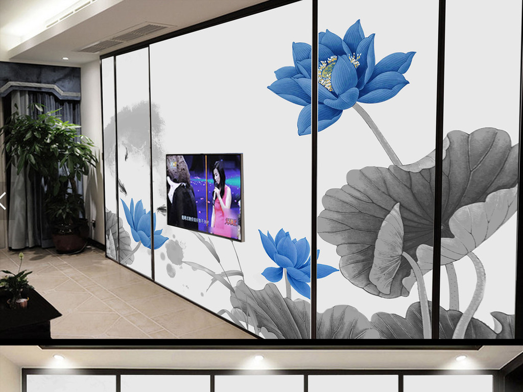 新中式高清手绘荷花背景墙