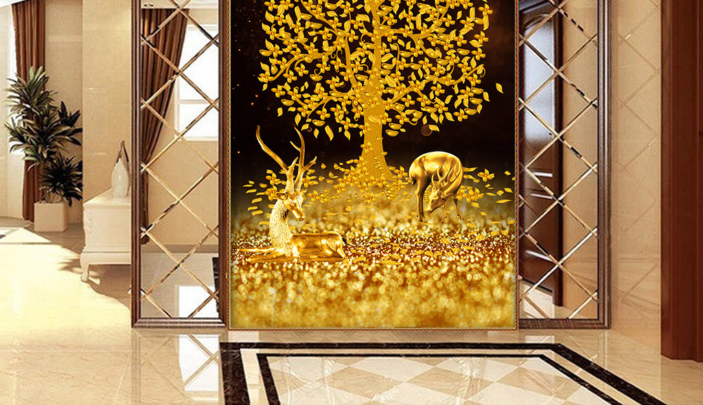 黄金满地招财树玄关背景墙