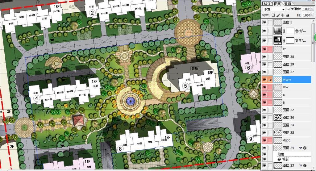 > 高档小区景观建筑规划psd分层彩色平面图  版权图片 设计师 : mail