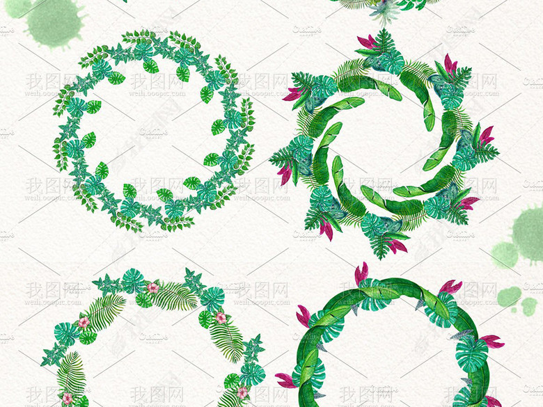 水彩画丛林中的热带叶子绿叶边框等海报必备设