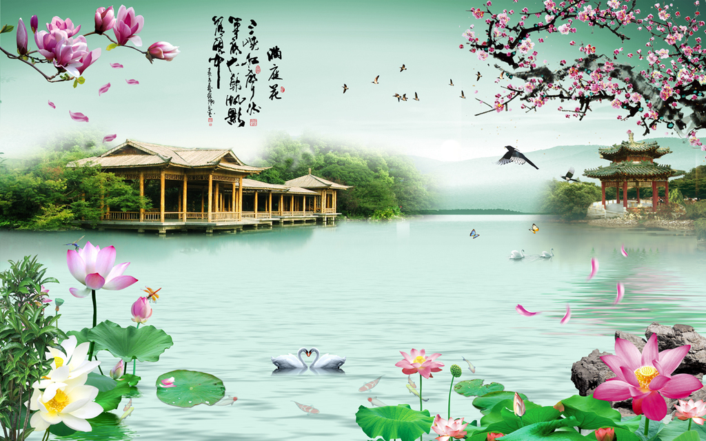 满庭花江南山水风景画电视背景墙壁画