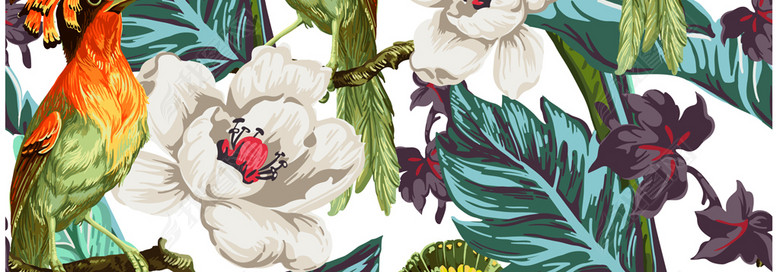 热带花鸟植物印花2017春夏女装印花热带风情