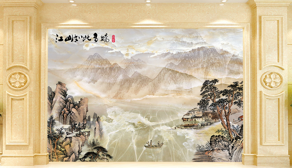 大理石纹江山多娇山水画背景墙