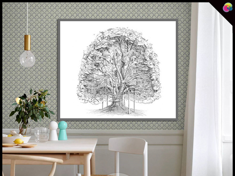 手绘黑白素描北欧简约动物猫抽象树插画(图片