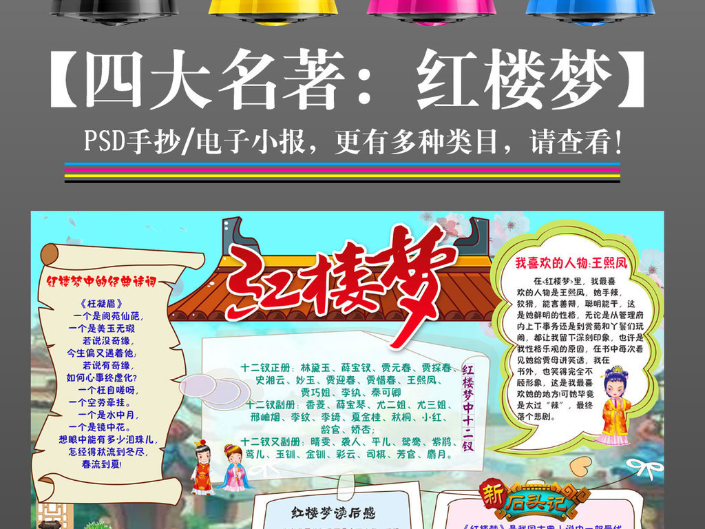 红楼梦小报四大名著读书后感手抄报素材边框模