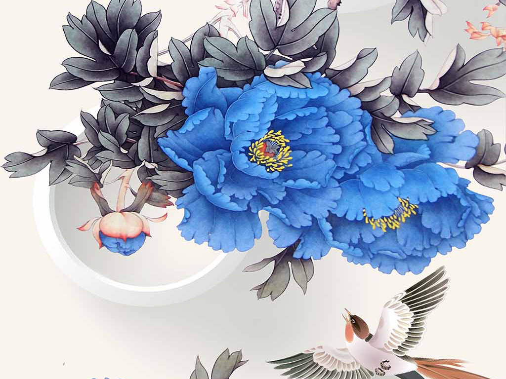 花开富贵蓝色牡丹花花鸟图中式玄关