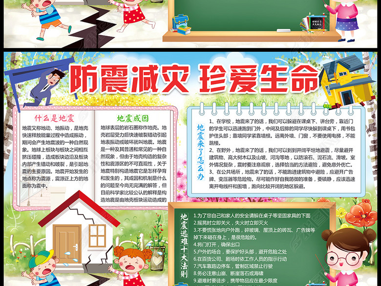 防震减灾小报地震安全知识手抄报电子模板图片