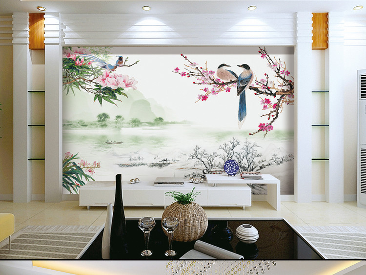 玉雕梅花山水画彩雕鸟语花香电视背景墙