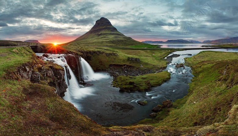 天空太阳日落河流山脉瀑布火山冰岛4k风景图