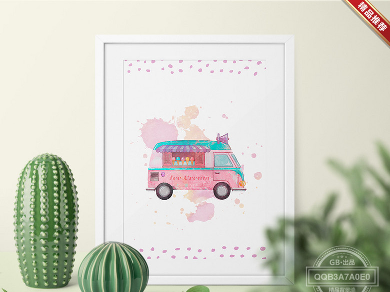 粉色清新甜品店冰激凌车装饰画挂画(图片编号