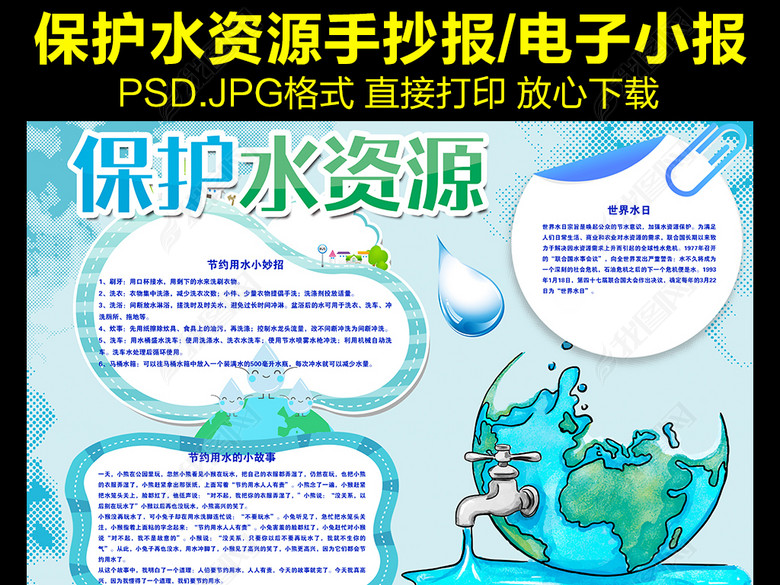 珍惜地球小报图片下载psd素材-节约用水手抄报