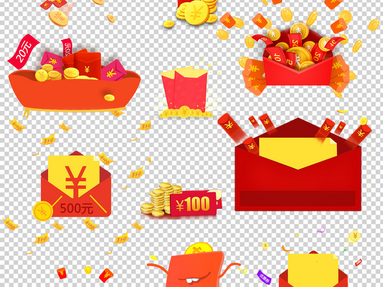 卡通红包金币PNG透明背景免扣素材(图片编号