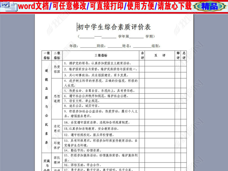 初中学生综合素质评价表图片下载doc素材-其他