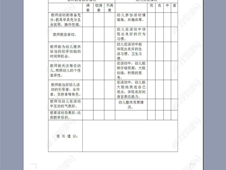 幼儿园家长开放日问卷调查表图片下载doc素材