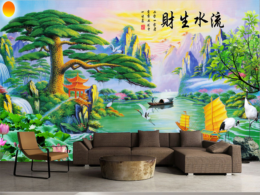 新中式水彩抽象画酒店发财画一帆风水油画
