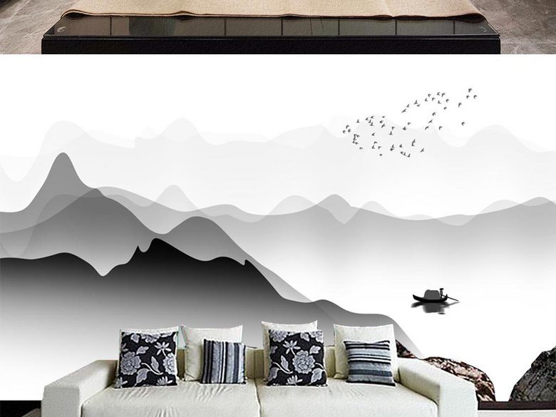 新中式飞鸟黑白画水墨山水意境画电视背景墙(