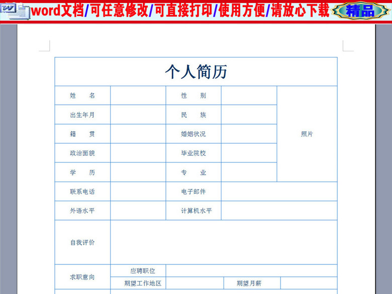 蓝色标准空白个人简历表格模版(图片编号:166