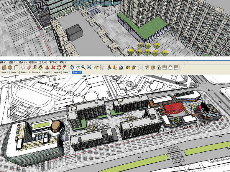 商业街建筑草图SU模型含CAD平面图毕业设计