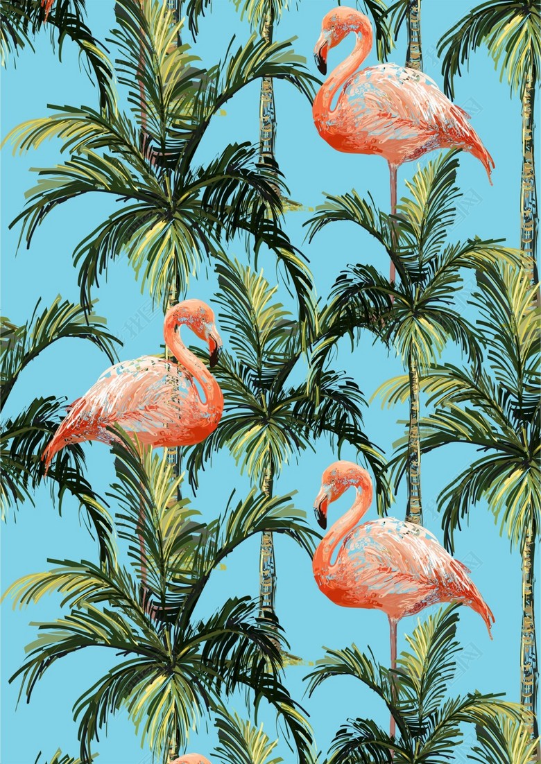 热带植物树木火烈鸟图案服饰箱包印花图片下载