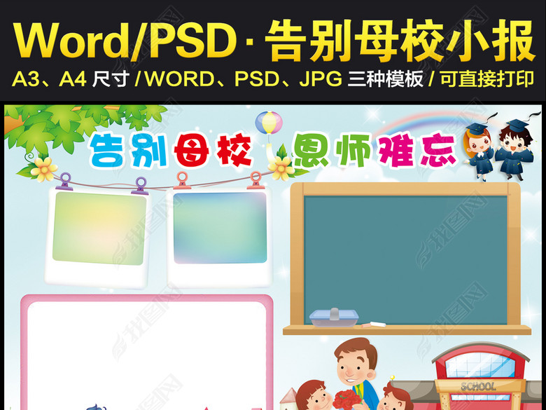 告别母校恩师难忘小报毕业手抄报电子模板图片