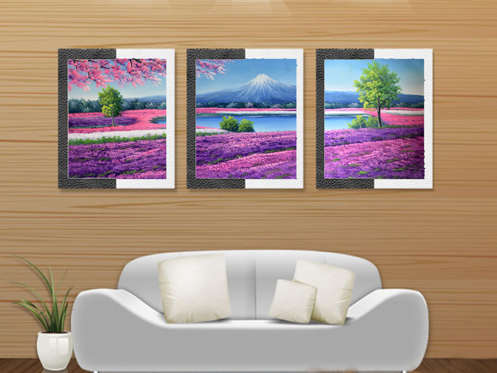 高清手绘樱花富士山紫色熏衣草油画三联画