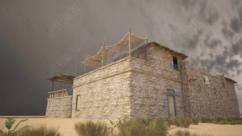 石头砌成的贫民农村房子3D模型的渲染材质灯