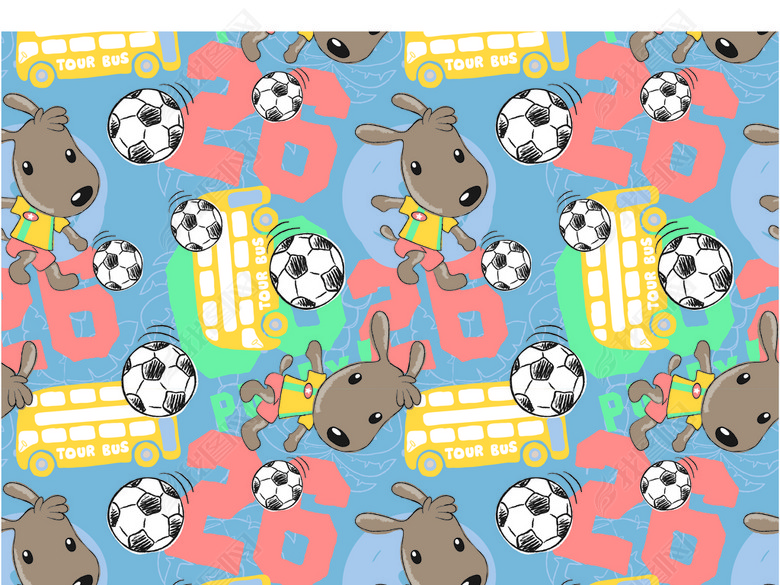 小狗足球公交汽车数字卡通图案印花童装T恤(图