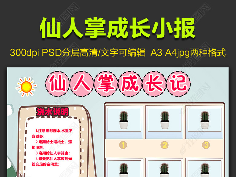 仙人掌培养可爱小报可编辑手抄报图片下载ps