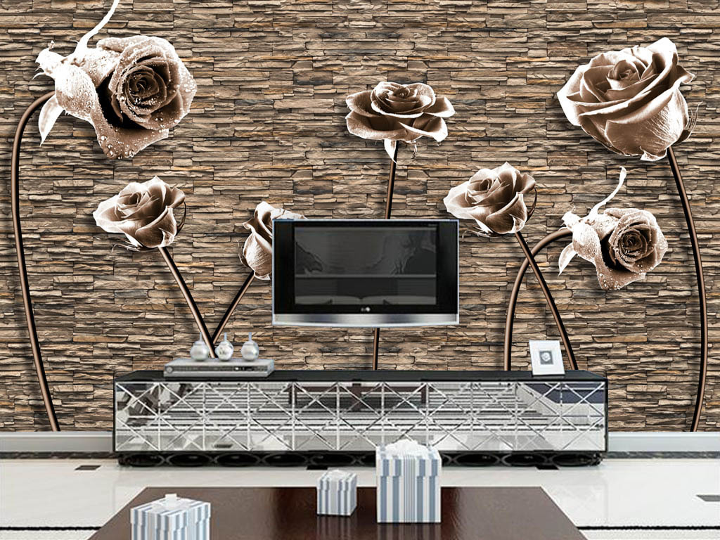 欧美复古玫瑰石头墙电视背景墙