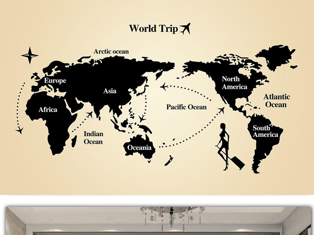 世界地图英文手绘旅行电视背景墙