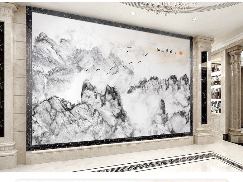 新中式黑白大理石纹理飞鸟太阳电视背景墙(图